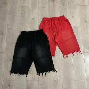 High street style casual straight shorts with rhinestone side details and distressed hems.