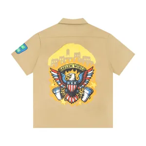Khaki short sleeve shirt men women streetwear casual button down casual shirt summer retro