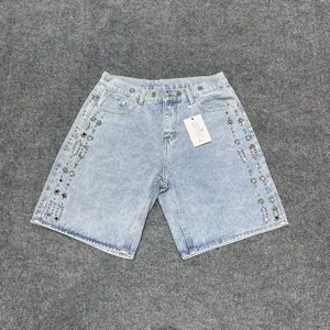 Trendy rhinestone denim shorts with colorful flower studs, stylish casual straight fit summer wear.