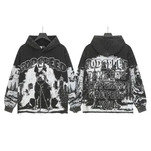 Vintage washed black streetwear hoodie featuring graphic dog print and bold letter design.
