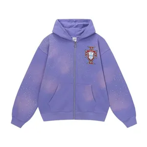 Purple zip-up hoodie for men and women, featuring rhinestone gradient and chest crest patch.