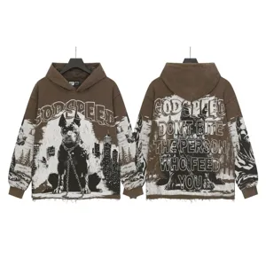 Vintage washed streetwear hoodie with graphic dog print, casual loose hooded sweatshirt.