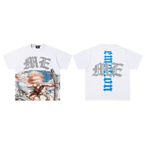 Detailed view of the white streetwear t-shirt featuring rhinestone ME and cherub graphic print.