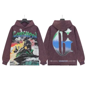 Vintage washed streetwear hoodie with graphic print, gothic lettering, and relaxed fit.