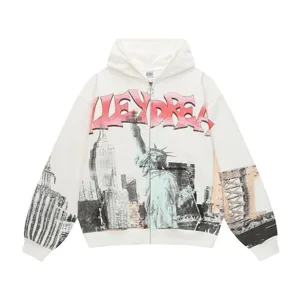 Streetwear zip hoodie with New York city skyline graphic and cool retro style print.