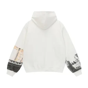 Casual white hooded sweatshirt featuring vintage architectural sleeve prints for use.