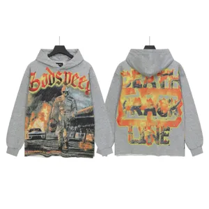 Vintage washed grey streetwear hoodie with retro skull graphic and bold back letter print.