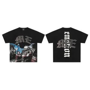 Detailed view of black short sleeve streetwear t-shirt with rhinestone graphic print details.