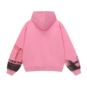 Pink long sleeve hooded sweatshirt with urban cityscape print, comfortable high street style hoodie.