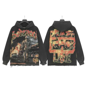 Vintage washed streetwear graphic hoodie, comfortable long sleeve distressed casual top.
