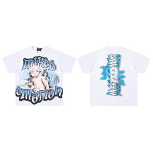 Unisex streetwear short sleeve t-shirt featuring angel graphic and rhinestone lettering print.