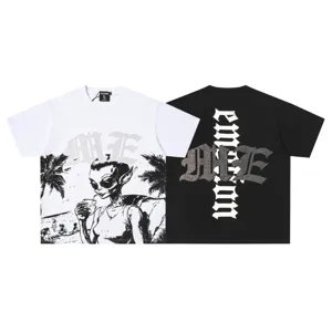 Unisex streetwear short sleeve t-shirt with rhinestone letters and graphic print, cool casual top.