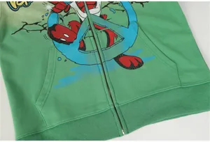 Washed high street hoodie featuring graphic print and zip-up design for men and women.