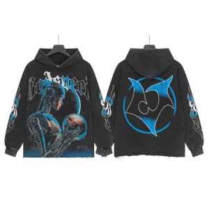 Detailed view of black washed vintage streetwear hoodie with robot graphic and back logo.