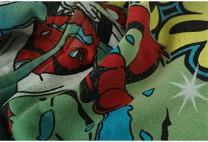 Detailed view of the vintage washed streetwear hoodie featuring vibrant comic graffiti print.