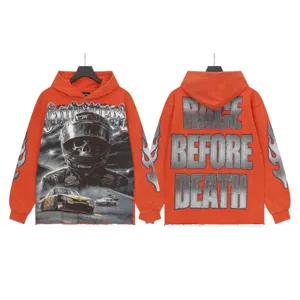 Vintage washed orange hoodie streetwear men women racing graphic pullover sweatshirt