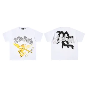 White short sleeve streetwear t shirt with rhinestone emotion graphic and angel print.