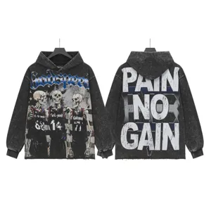Vintage washed black hoodie featuring front skeleton basketball graphic and back letter print.