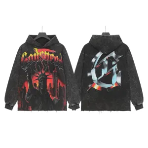 Vintage washed black hoodie with gothic flaming text and statue graphic, high street streetwear.