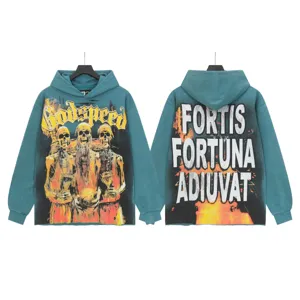 Vintage washed streetwear hoodie with graphic skeleton print and front back letter typography