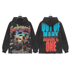Vintage washed streetwear hoodie with cool graphic print for men and women daily wear.