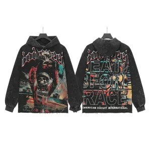 Vintage washed streetwear hoodie with retro racing graphics and bold letter prints on front and back.