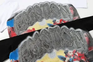Close-up detail of high street rhinestone letter graphic short sleeve t-shirt for men and women.