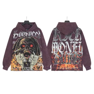 Heavyweight washed purple hoodie with gothic skull graphics and distressed streetwear style.