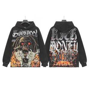 Vintage washed streetwear hoodie with gothic skull graphic and front back text print for men women
