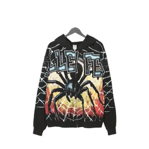 Black zip-up hoodie with spider web graphic and graffiti text for cool streetwear style.