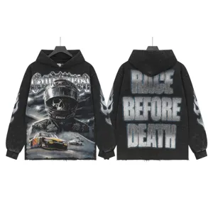 Vintage washed black hoodie with racing skull graphic and rhinestone letters for streetwear.