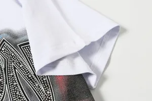 White rhinestone graphic short sleeve t-shirt, high street fashion streetwear apparel top.
