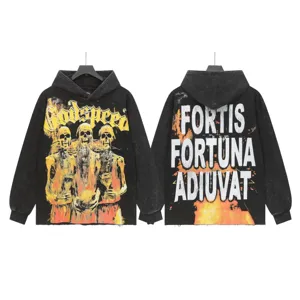 Vintage washed black hoodie with skeleton graphic and bold back letter print for streetwear.