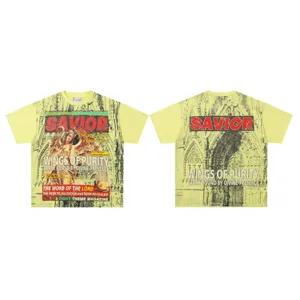 Vintage washed short sleeve t-shirt with graphic print and gothic angel design for streetwear.
