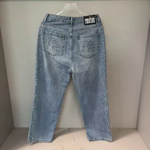 Retro light blue rhinestone embellished distressed straight leg jeans for men and women streetwear