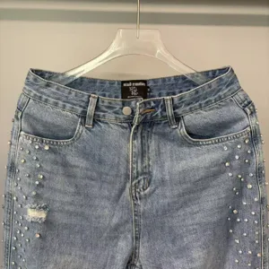 High street rhinestone distressed light wash denim jeans for men and women stylish pants