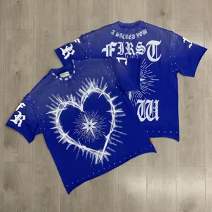 Detail view of American high streetwear rhinestone letter washed short sleeve t-shirt.