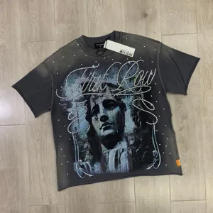 Detailed view of First Row vintage washed rhinestone graphic short sleeve t-shirt in grey.