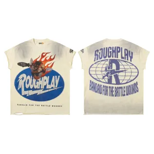 Camiseta streetwear vintage desgastada con gráficos, diamantes de imitación y letras.