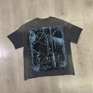 Washed vintage grey short sleeve t-shirt back detail with artistic graphic print streetwear