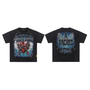 Vintage washed short sleeve t-shirt with rhinestone graphic front and back streetwear style.