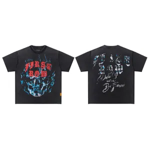 Vintage washed black short sleeve t-shirt front and back print detail display view.