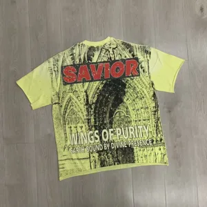 Vintage washed graphic t-shirt for men and women, gothic church print short sleeve top.