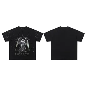 Black washed short-sleeve T-shirt with rhinestone angel graphic and vintage streetwear style.