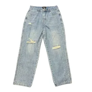 Light blue washed rhinestone distressed denim jeans high waist street style casual pants