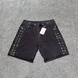 Trendy Va&le washed black denim shorts with colorful rhinestones, casual straight five-pants.