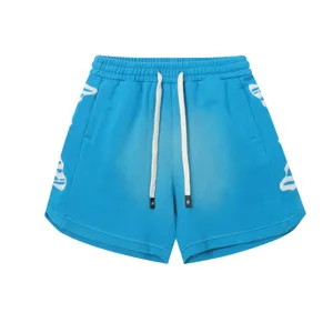 Pantaloncini casual blu vintage lavati da uomo con coulisse e ricamo gotico.