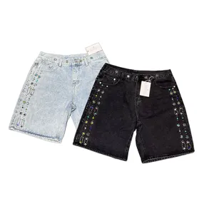 Trendy rhinestone studded washed denim shorts, unisex casual straight five-quarter pants.