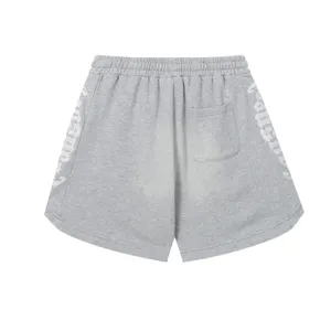 Pantaloncini casual grigi lavati vintage uomo donna con ricamo gotico laterale vita elastica.