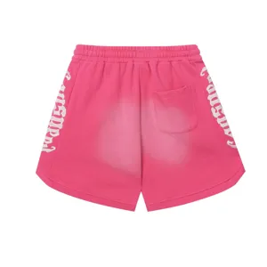Pantaloncini casual rosa slavato con vita elastica, tasca posteriore e stilose lettere gotiche.